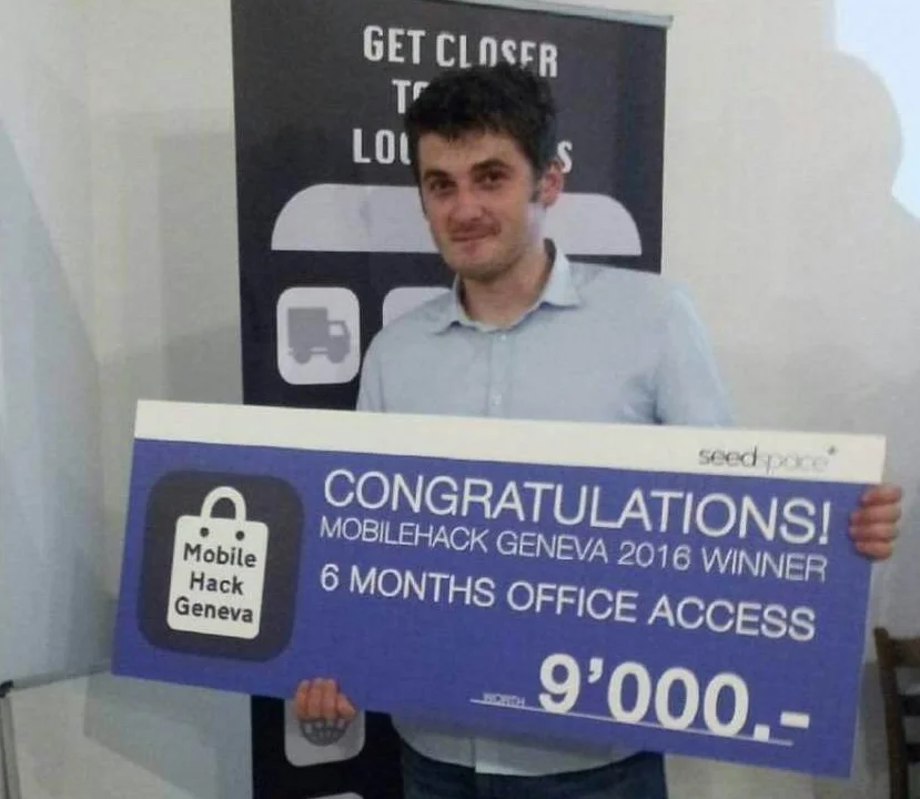 Admir Demir winning first place at Mobile Hack Geneva 2016
