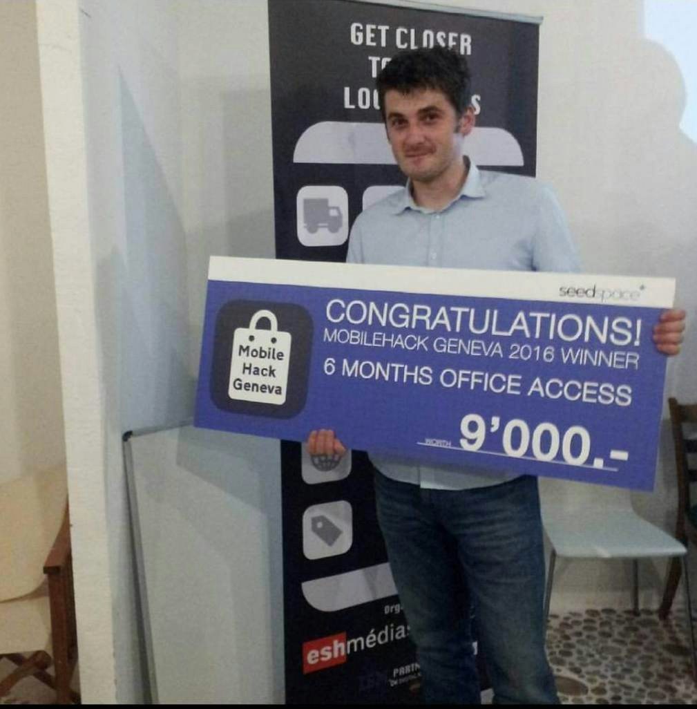 Admir Demir winning first place at Mobile Hack Geneva 2016